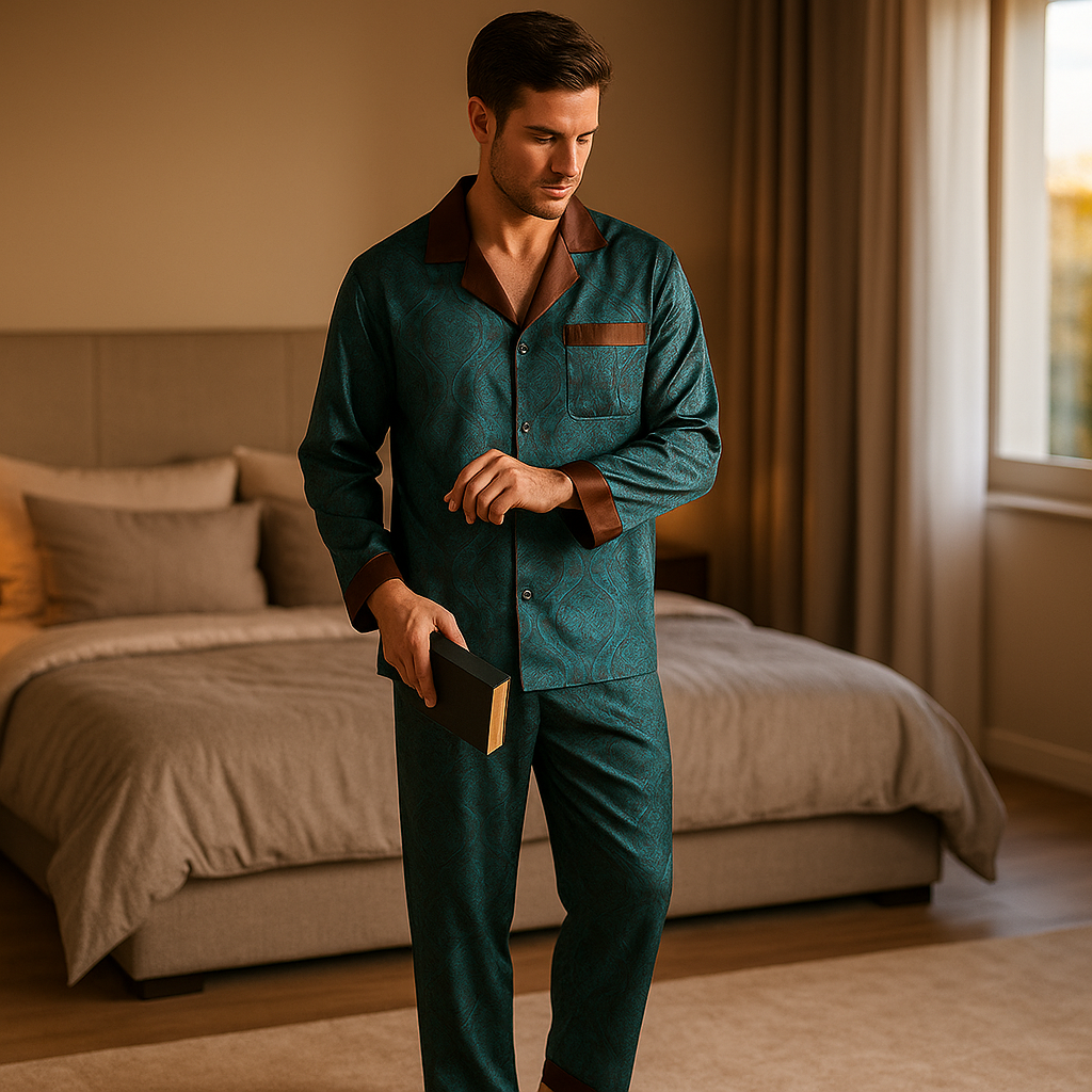 Men’s Silk-Like Pajama Set – Luxurious Paisley Pattern Sleepwear