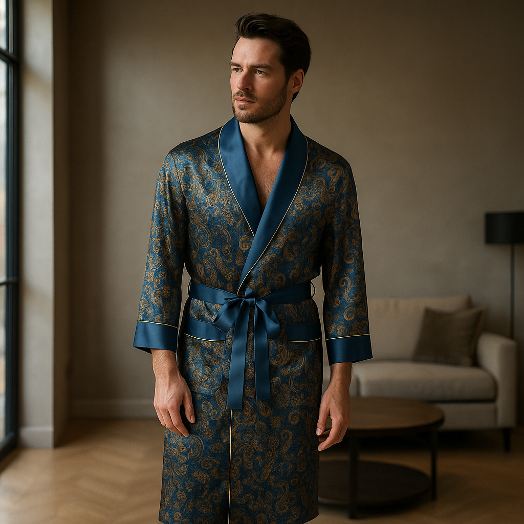 Men’s Patterned Silk-Like Robe – Elegant Design & Comfortable Fit