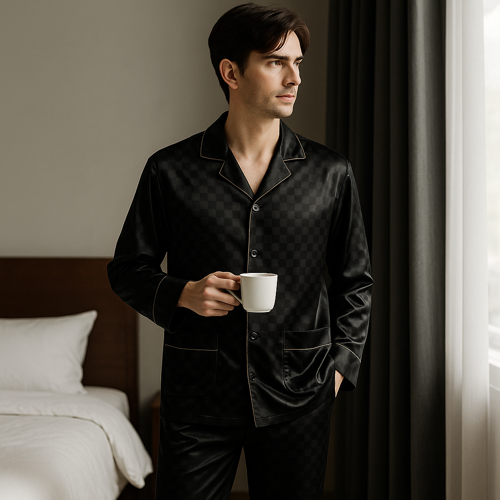 Men’s Black Silk-Like Pajama Set – Luxury Sleepwear with Classic Design
