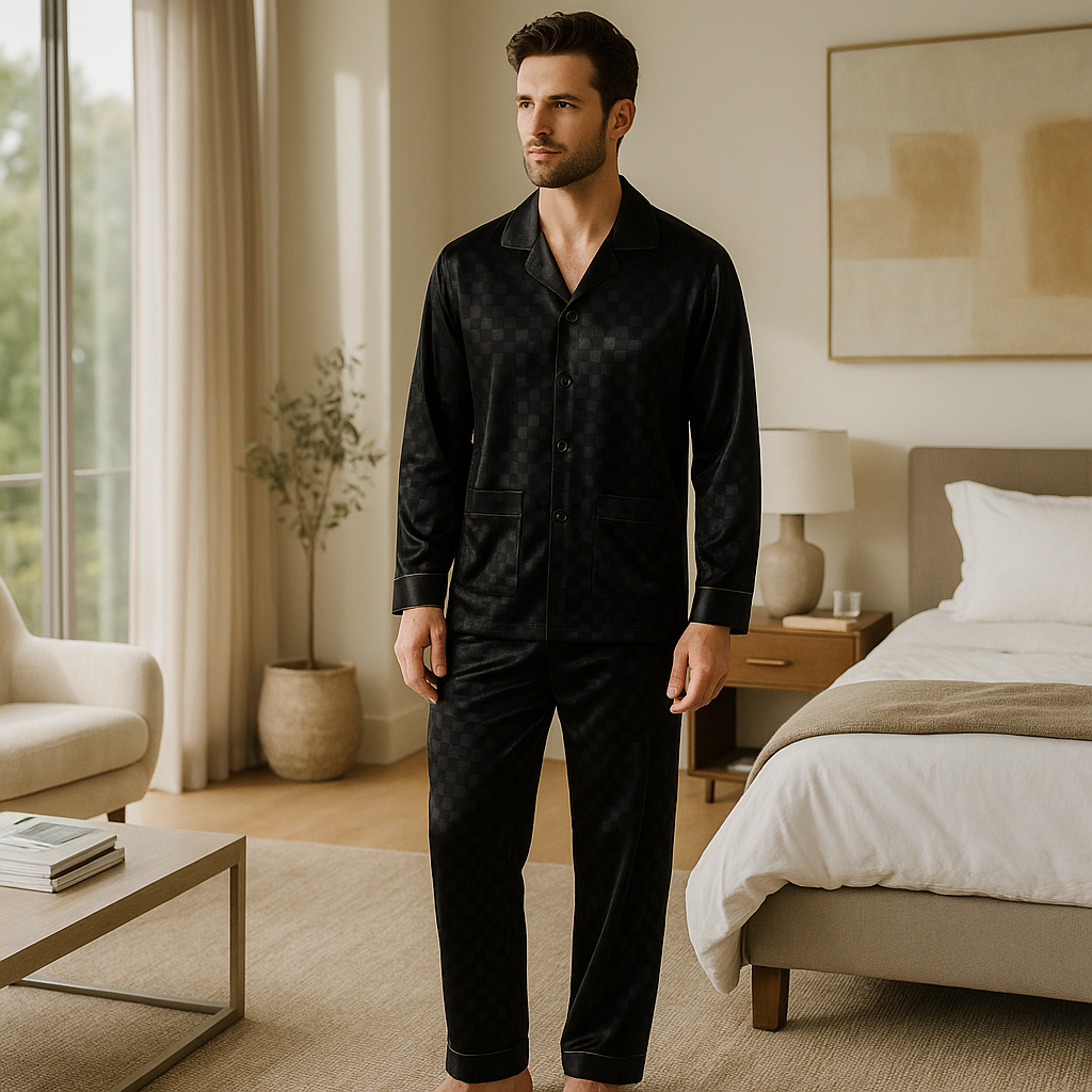 Men’s Black Silk-Like Pajama Set – Luxury Sleepwear with Classic Design