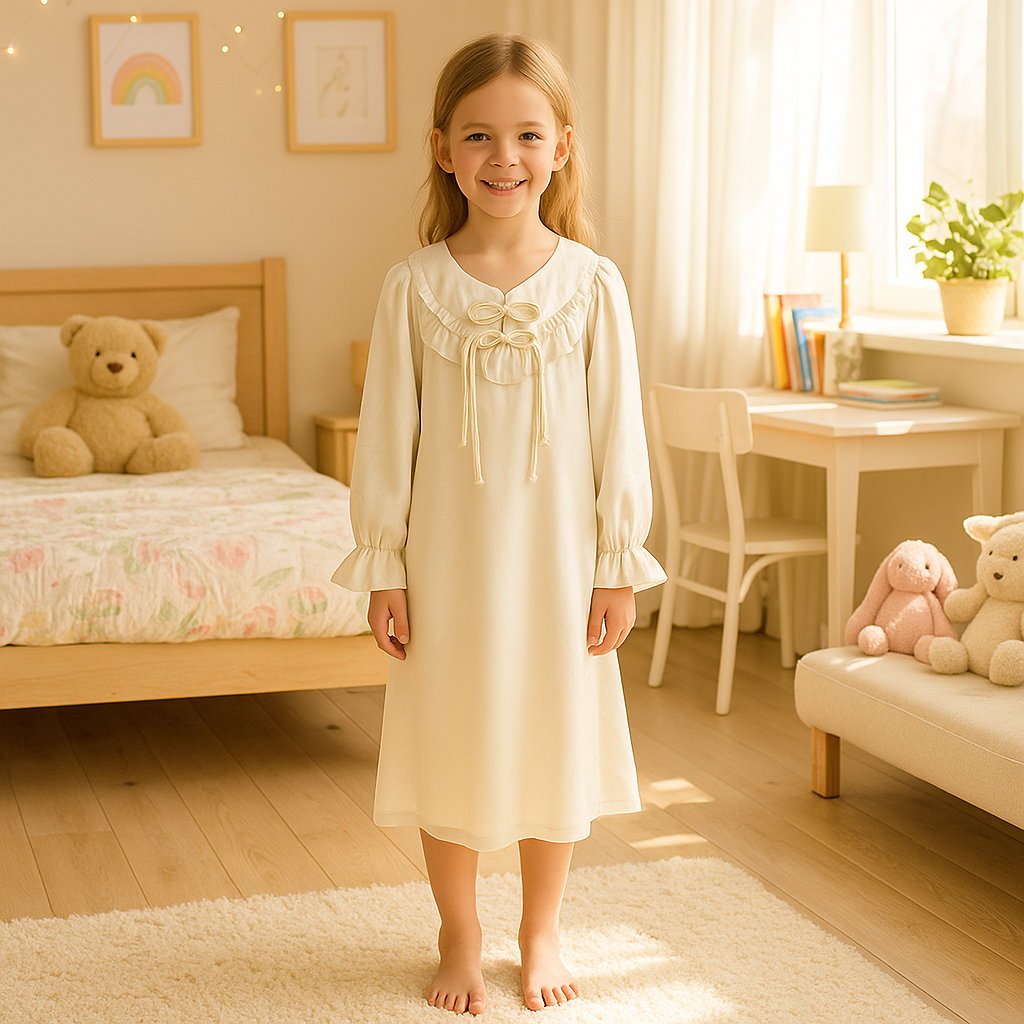 Kids’ Satin Nightgown – Long Sleeve Sleep Dress with Ruffle Collar & Bow Detail