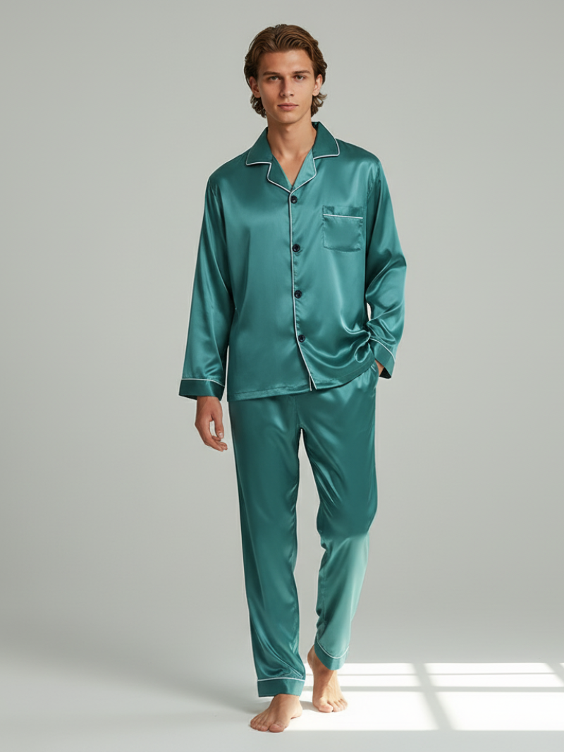 Men's Ice Silk Pajamas – Long Sleeve Pants Set for Spring and Autumn, Casual Summer Silk Suit