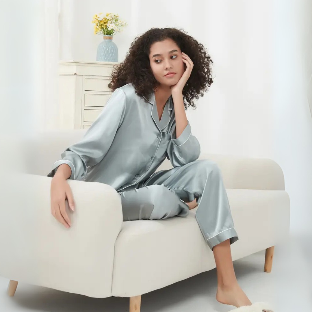 Polyester Pajama Set for Women – Soft, Breathable, Luxury Sleepwear with Long Sleeves & Pants - Silken & Dreams