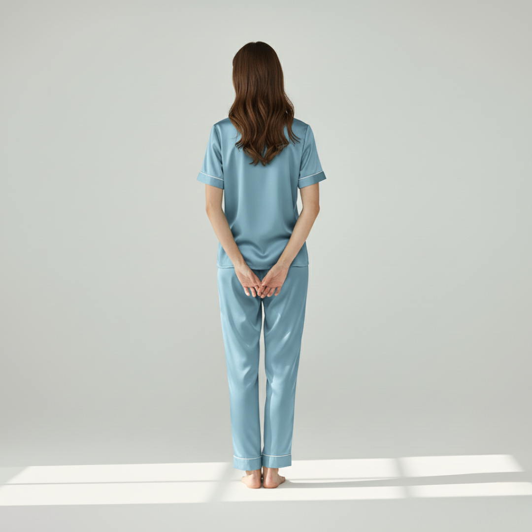 100% Mulberry Silk Pajama Set – Short Sleeve Button Top & Long Pants