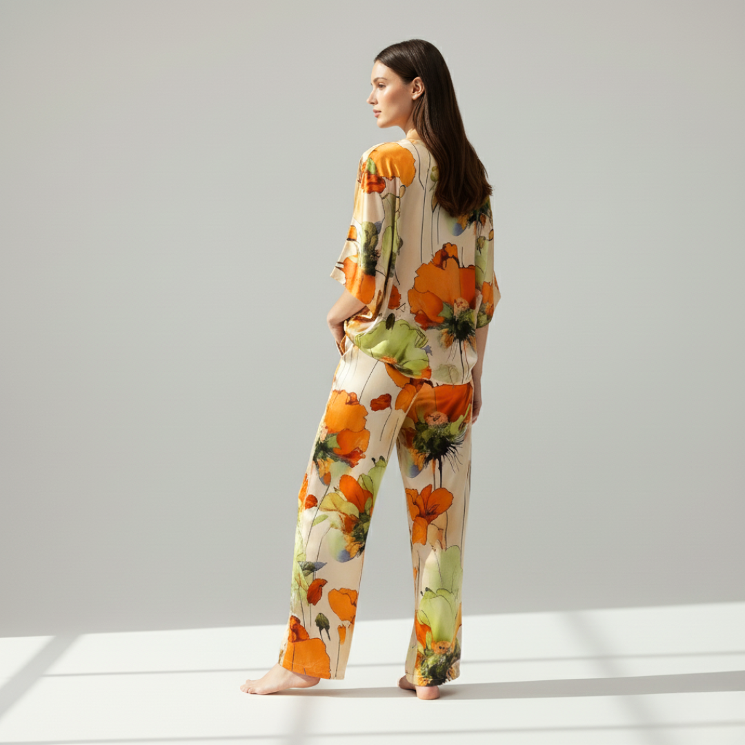 Women's Satin Two-Piece Set – Elegant Floral Top with Wide-Leg Pants for Casual Chic Style