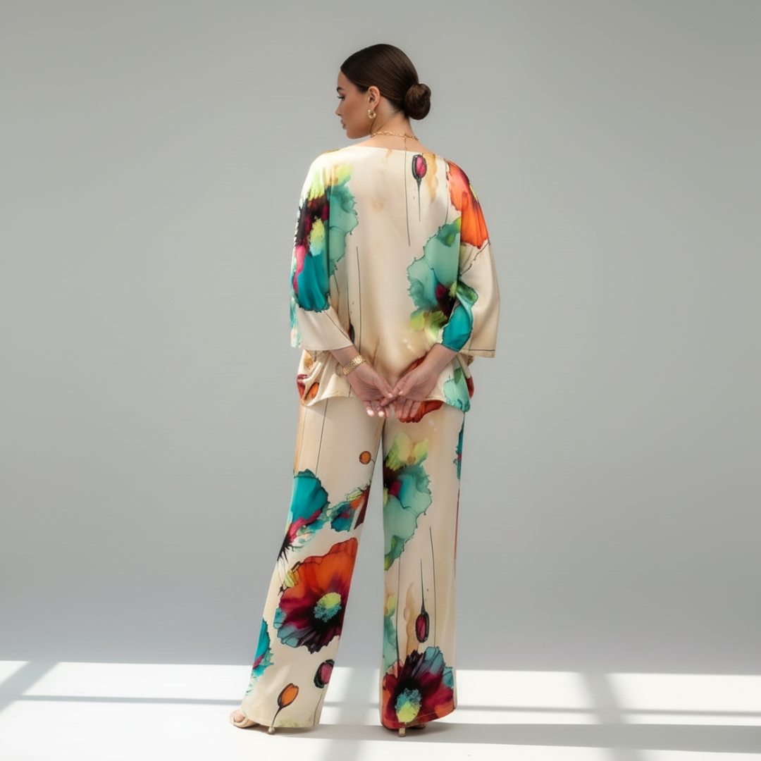 Women's Satin Two-Piece Set – Elegant Floral Top with Wide-Leg Pants for Casual Chic Style