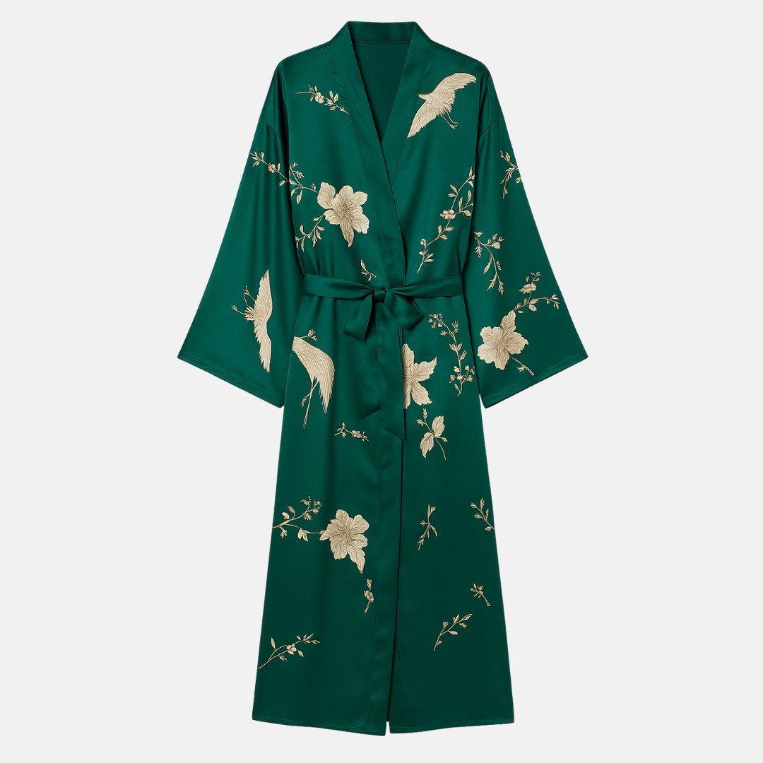 Emerald Green Floral Silk Kimono Robe – Elegant Long Sleeve Robe for Women