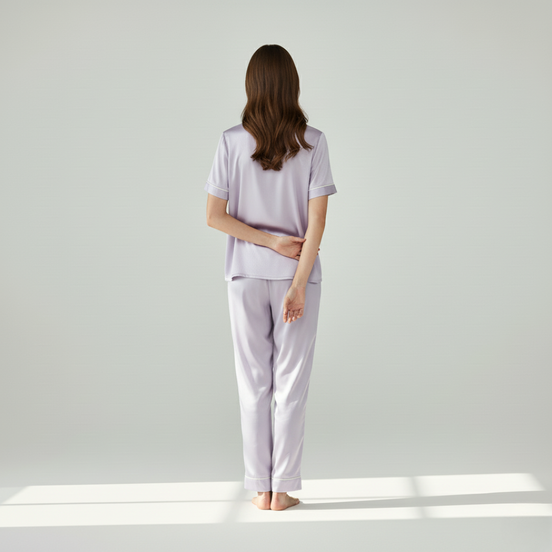 100% Mulberry Silk Pajama Set – Short Sleeve Button Top & Long Pants