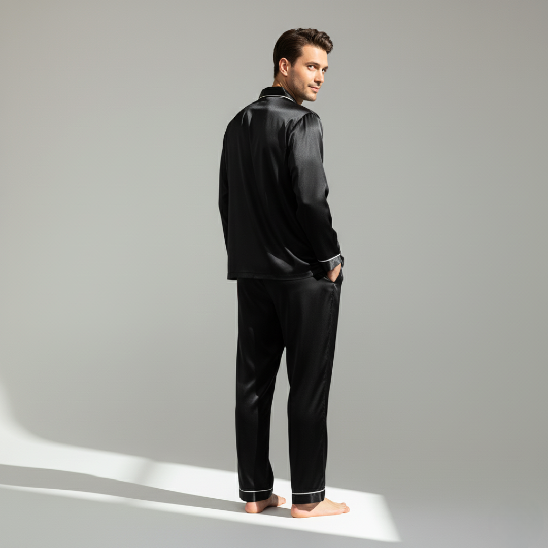 Men’s Cooling Silk-Feel Pajama Set – Breathable Long Sleeve Sleepwear for Night Comfort