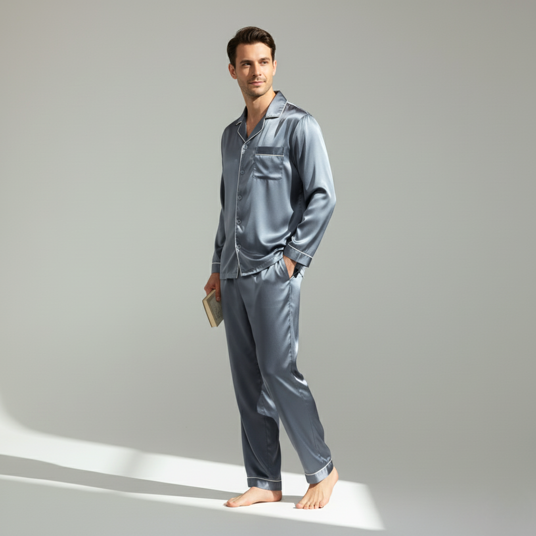 Men’s Cooling Silk-Feel Pajama Set – Breathable Long Sleeve Sleepwear for Night Comfort