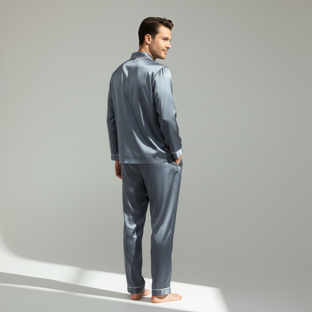 Men’s Cooling Silk-Feel Pajama Set – Breathable Long Sleeve Sleepwear for Night Comfort