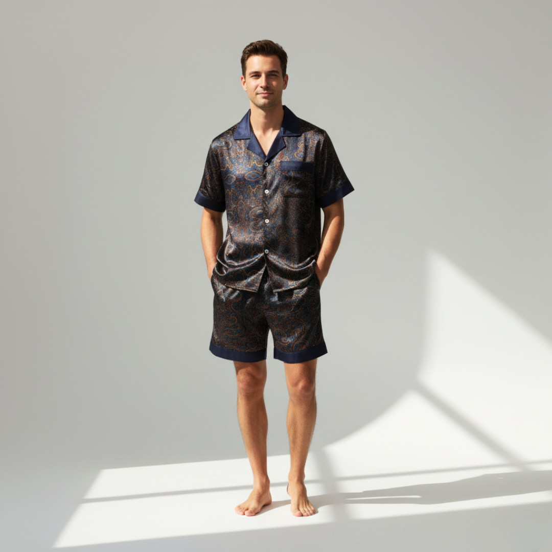 Men’s Silk-Like Pajama Set – Luxurious Paisley Pattern Sleepwear