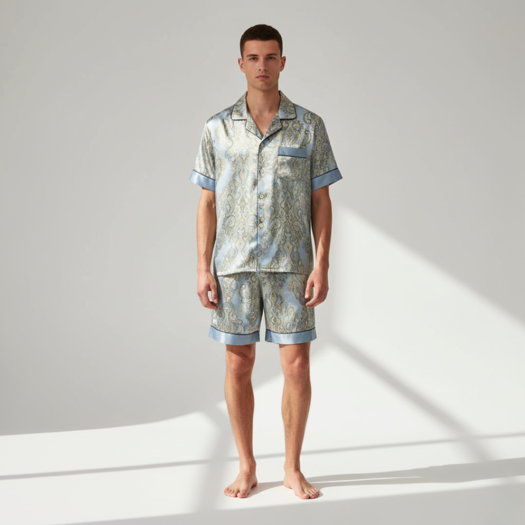 Men’s Silk-Like Pajama Set – Luxurious Paisley Pattern Sleepwear