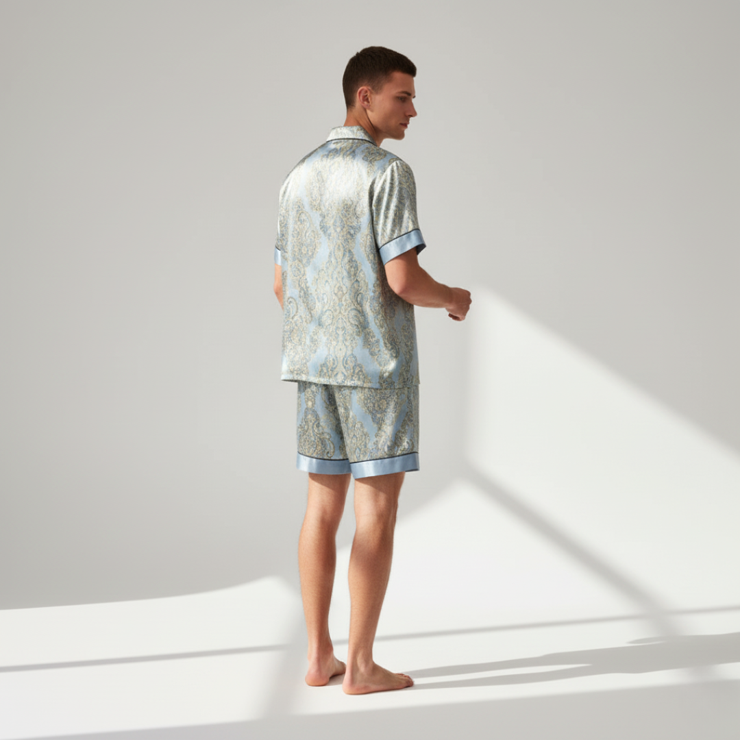Men’s Silk-Like Pajama Set – Luxurious Paisley Pattern Sleepwear