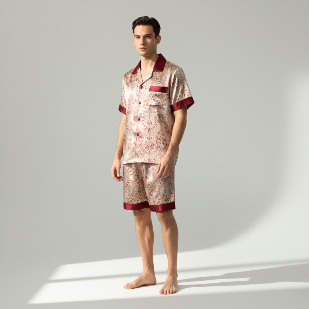 Men’s Silk-Like Pajama Set – Luxurious Paisley Pattern Sleepwear