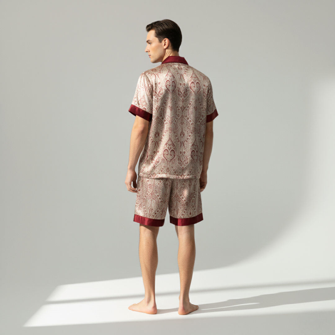 Men’s Silk-Like Pajama Set – Luxurious Paisley Pattern Sleepwear