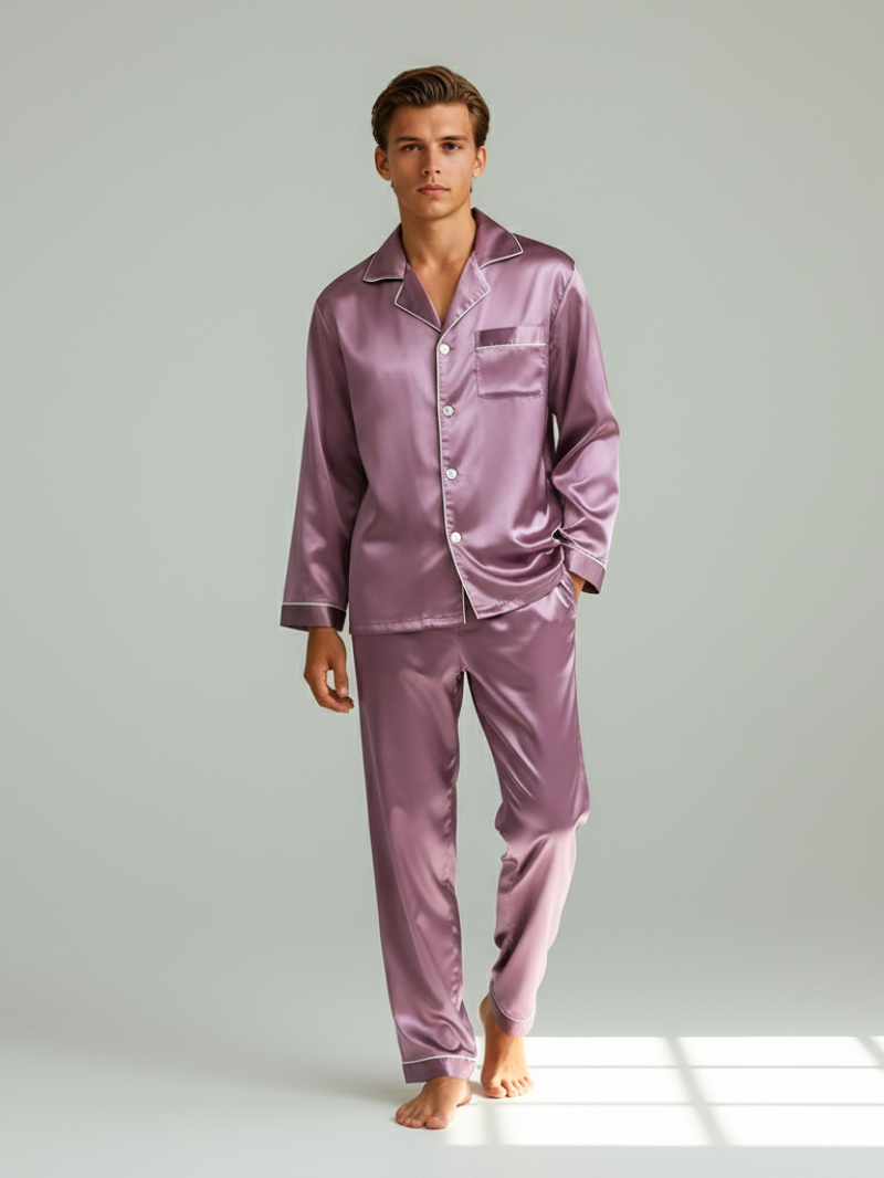 Men's Ice Silk Pajamas – Long Sleeve Pants Set for Spring and Autumn, Casual Summer Silk Suit