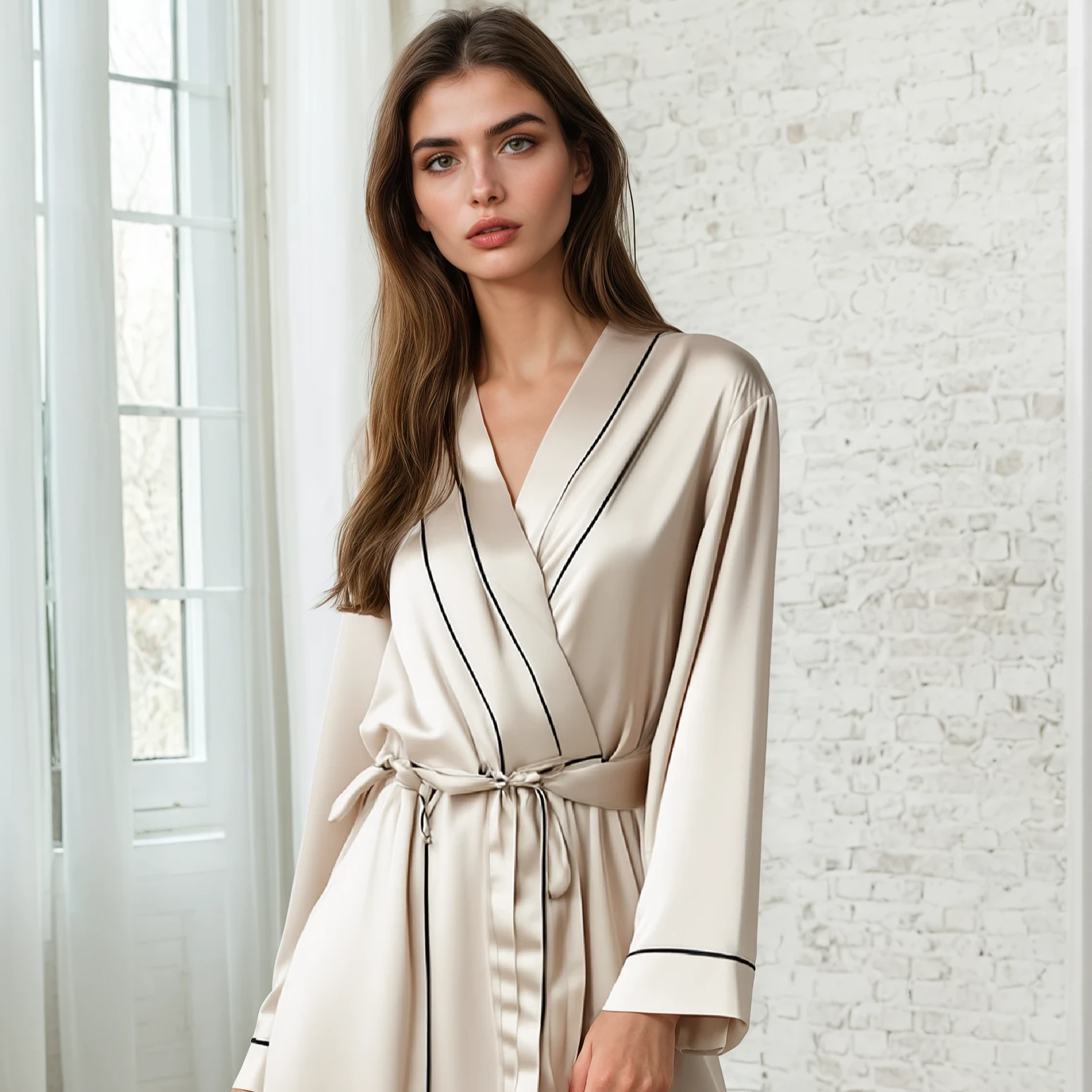 Elegant 100% Mulberry Silk Robe – Long Sleeve V-Neck Belted Silk Robe for Women