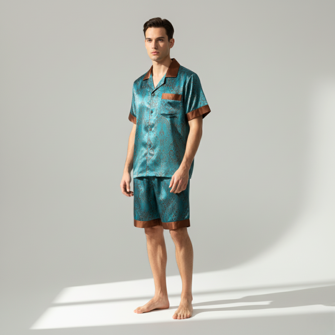 Men’s Silk-Like Pajama Set – Luxurious Paisley Pattern Sleepwear