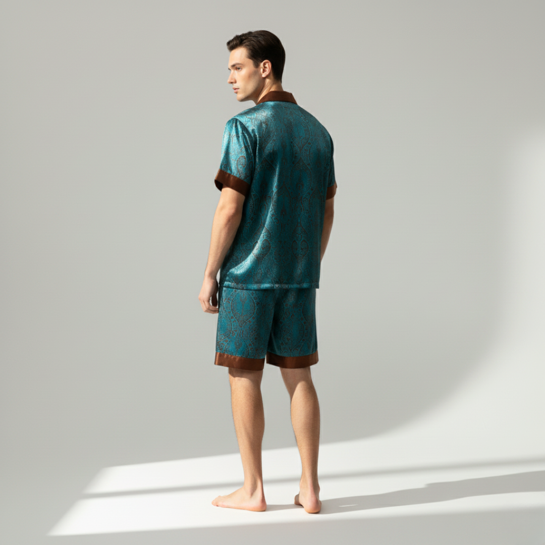 Men’s Silk-Like Pajama Set – Luxurious Paisley Pattern Sleepwear