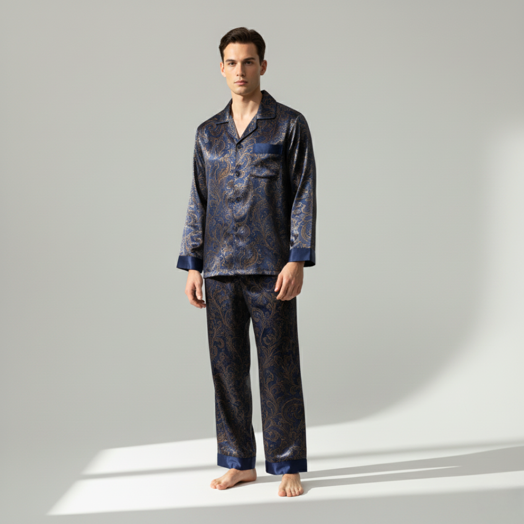 Men’s Silk-Like Pajama Set – Luxurious Paisley Pattern Sleepwear