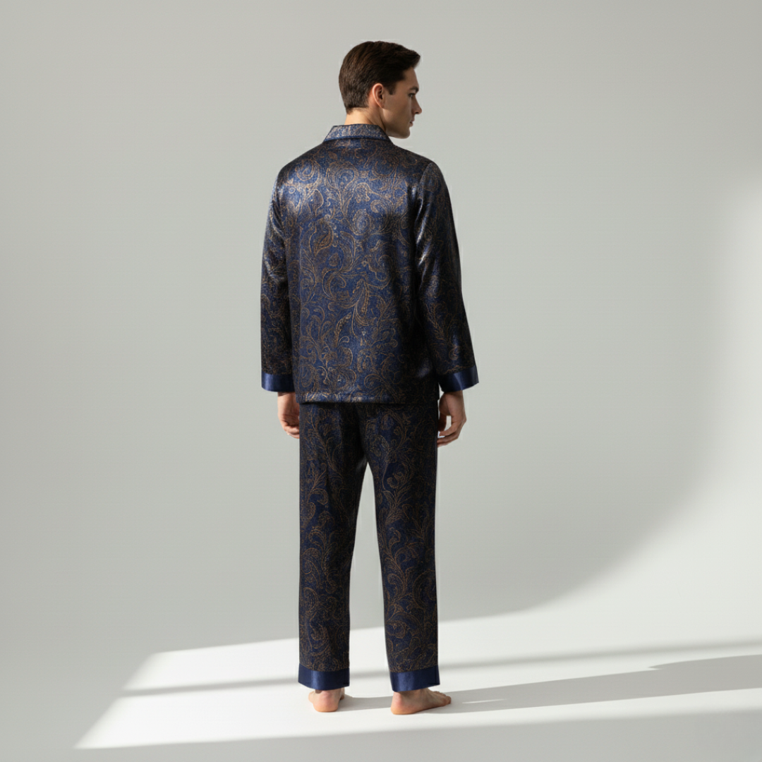 Men’s Silk-Like Pajama Set – Luxurious Paisley Pattern Sleepwear