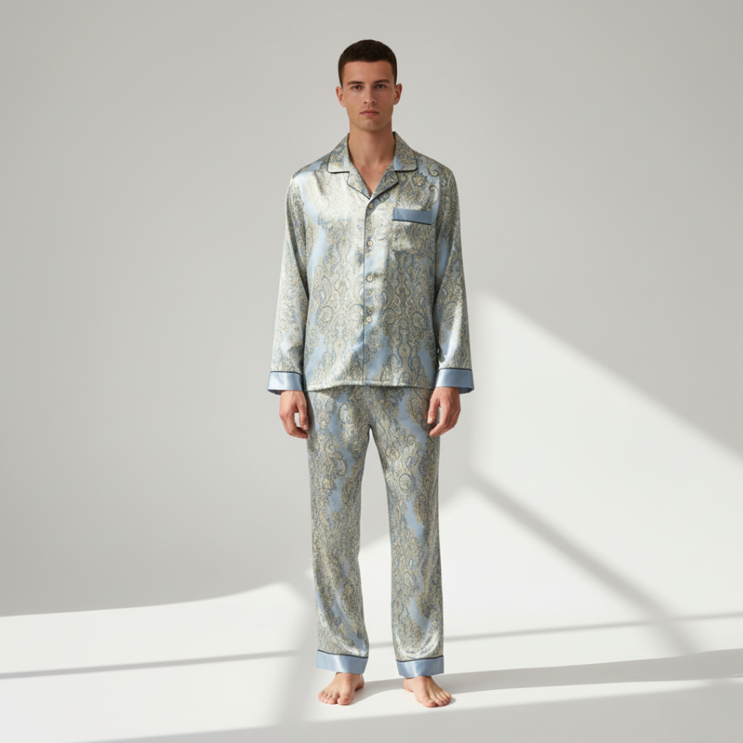 Men’s Silk-Like Pajama Set – Luxurious Paisley Pattern Sleepwear
