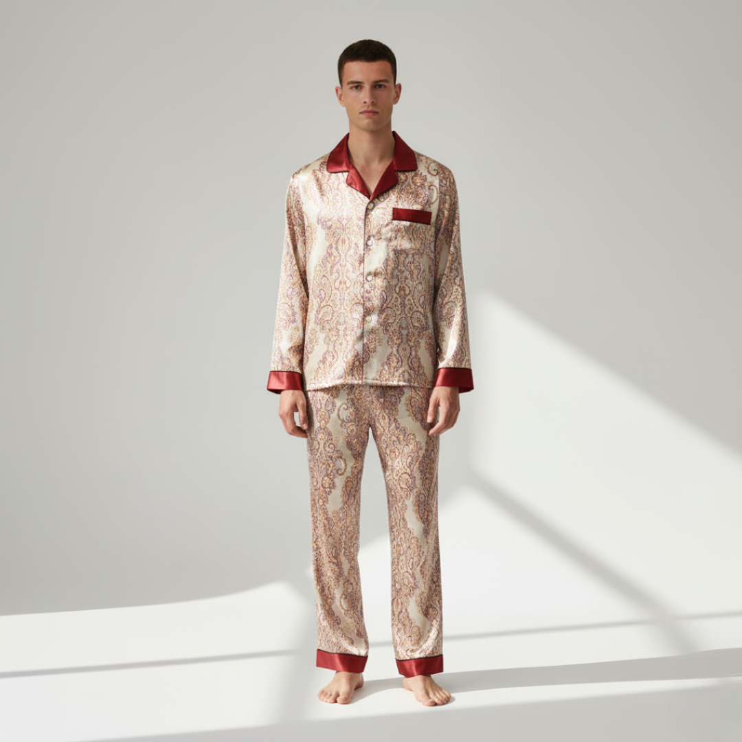 Men’s Silk-Like Pajama Set – Luxurious Paisley Pattern Sleepwear