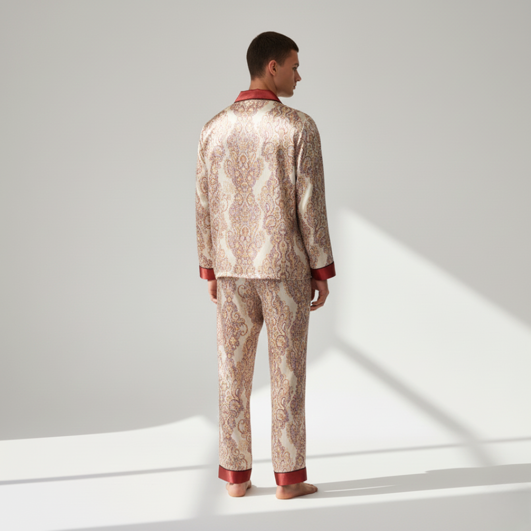 Men’s Silk-Like Pajama Set – Luxurious Paisley Pattern Sleepwear