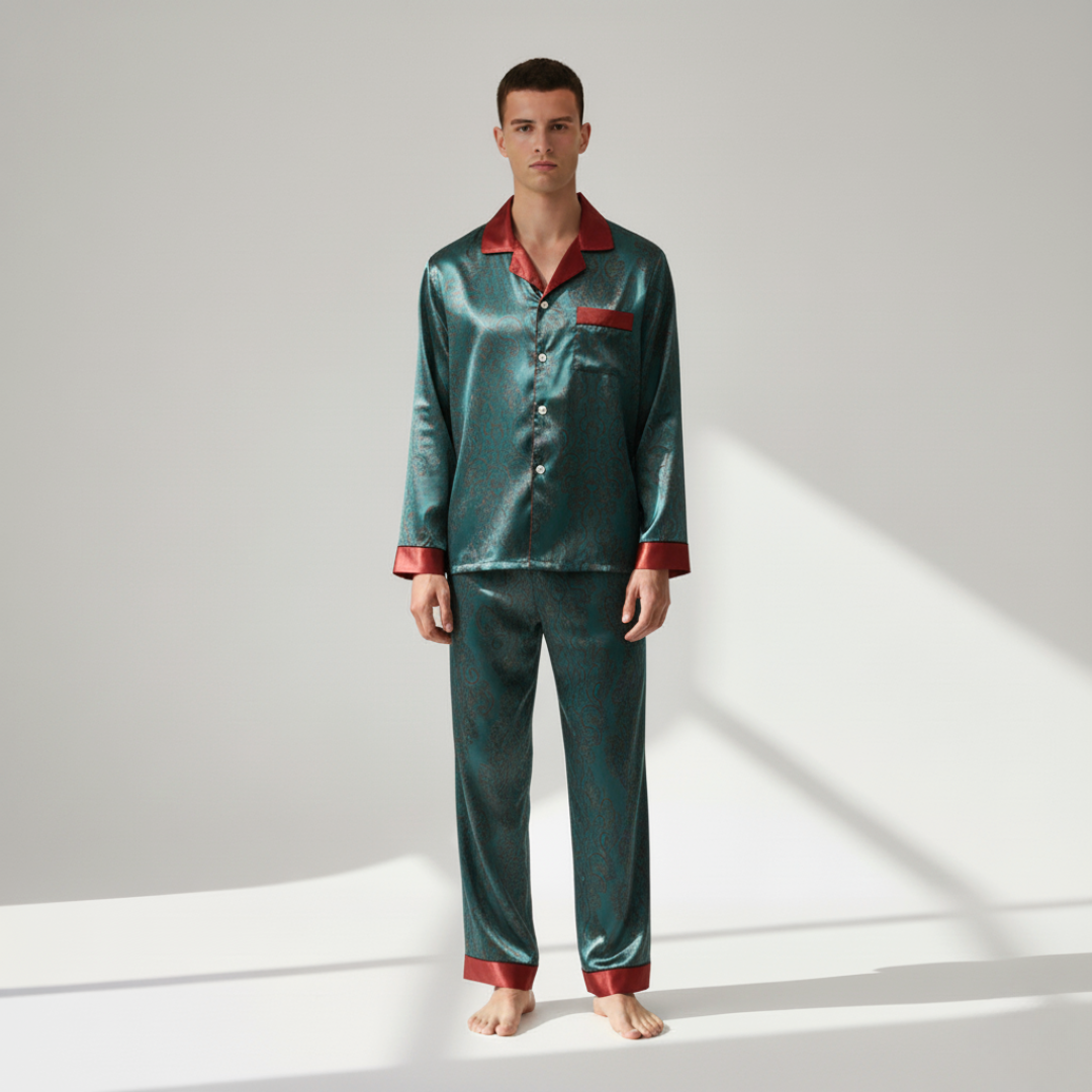 Men’s Silk-Like Pajama Set – Luxurious Paisley Pattern Sleepwear