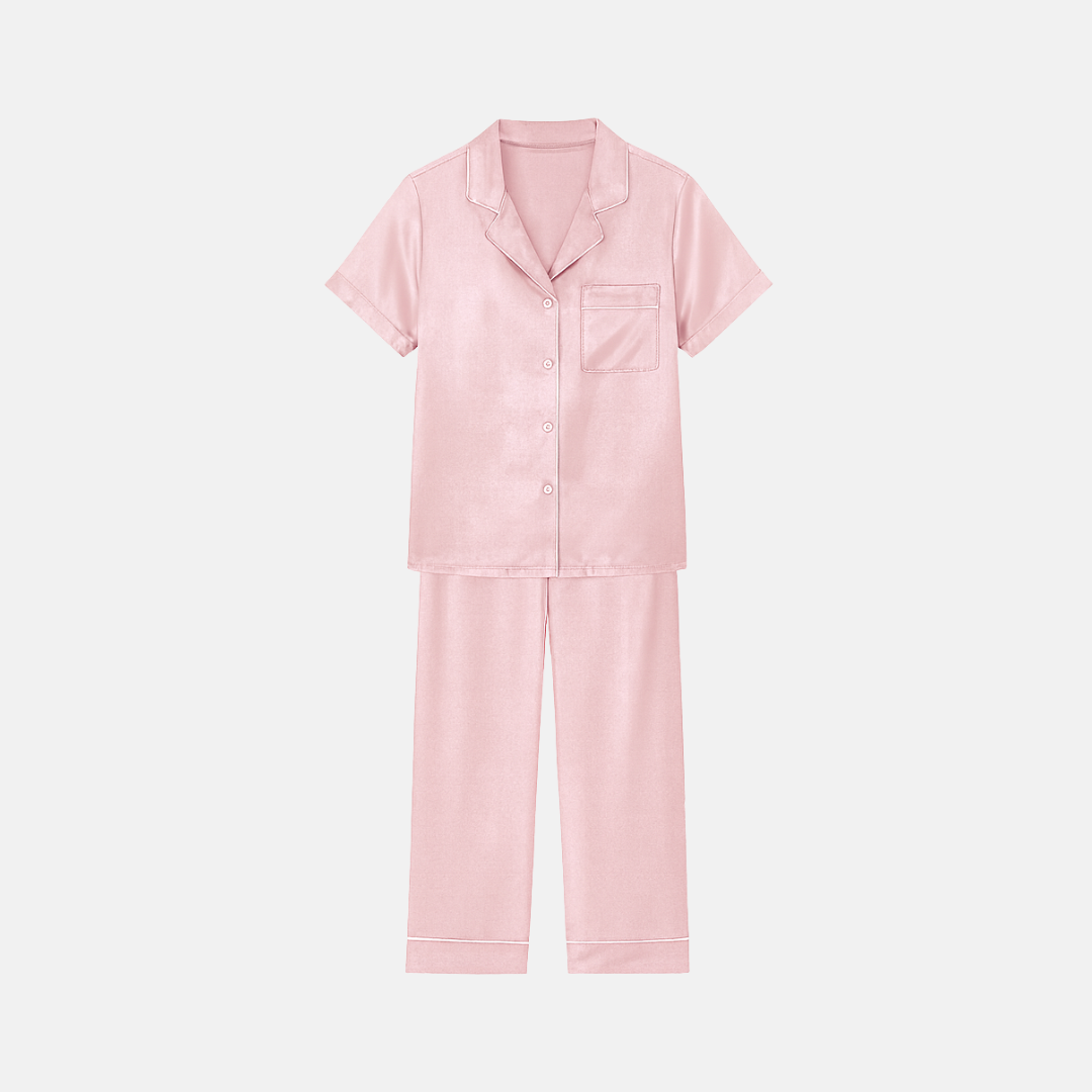 100% Mulberry Silk Pajama Set – Short Sleeve Button Top & Long Pants
