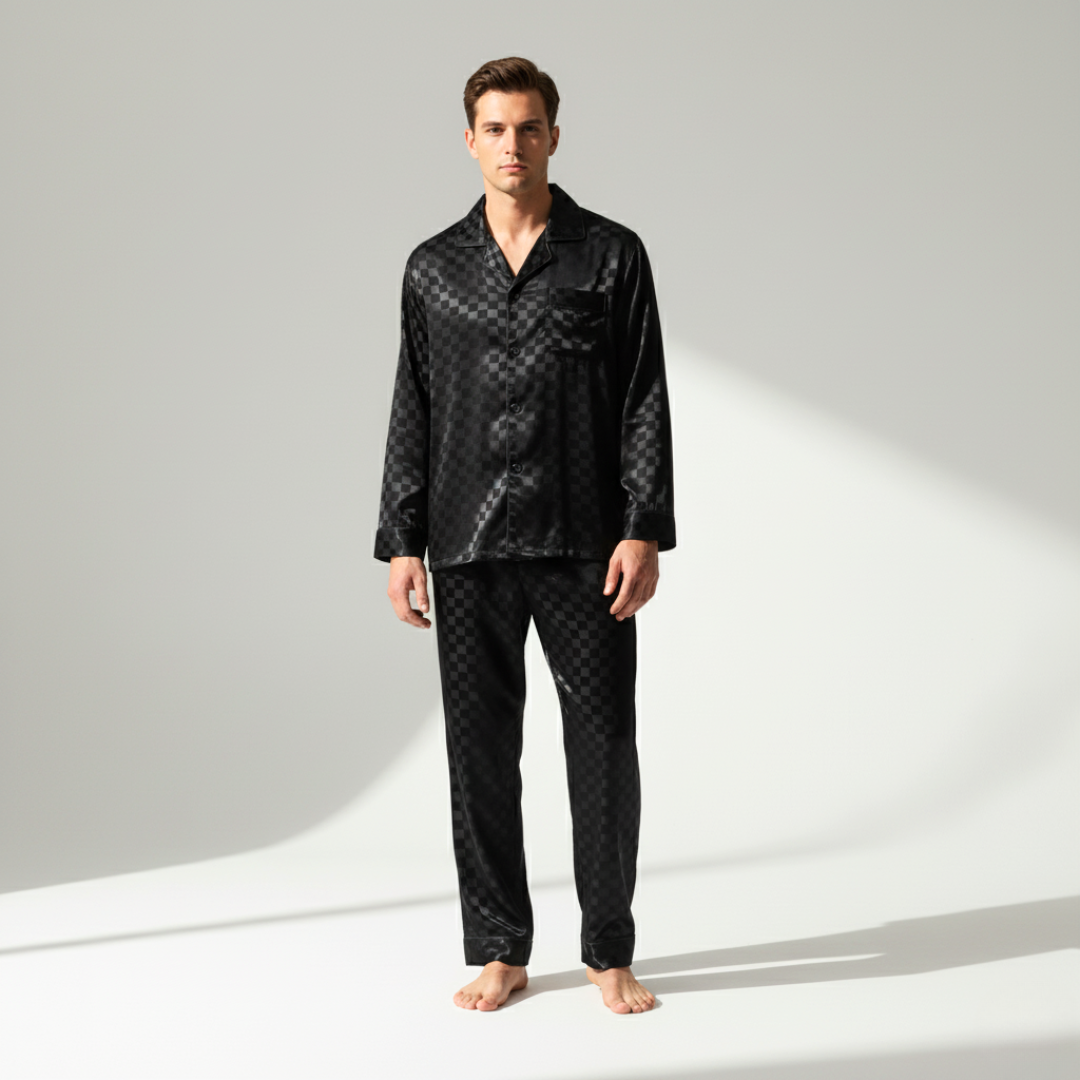Men’s Black Silk-Like Pajama Set – Luxury Sleepwear with Classic Design