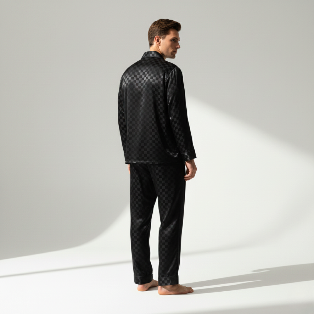 Men’s Black Silk-Like Pajama Set – Luxury Sleepwear with Classic Design