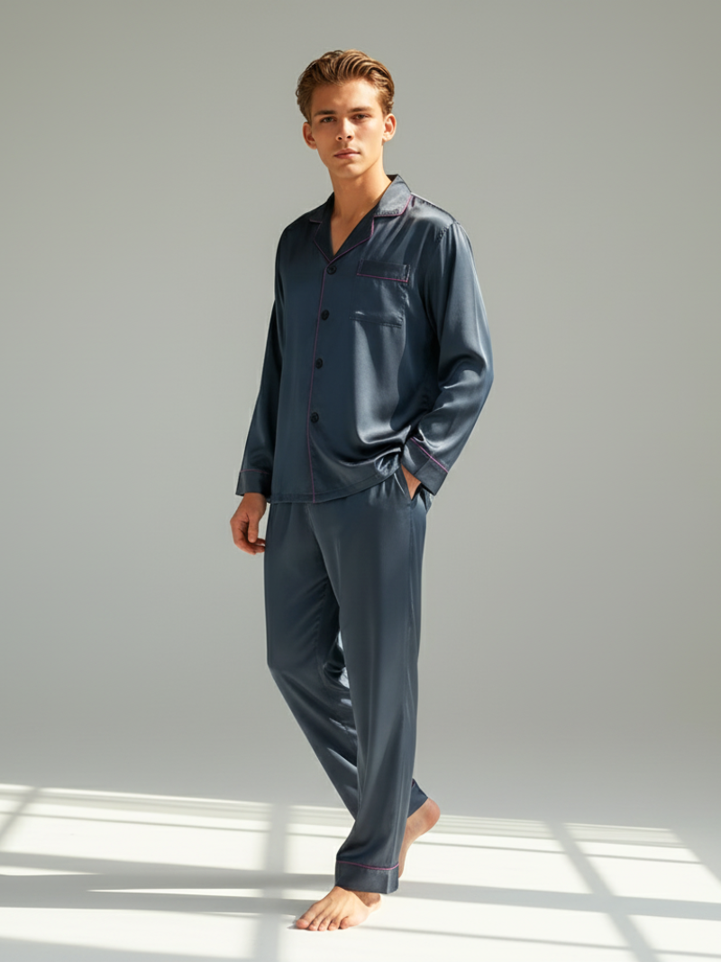Men's Ice Silk Pajamas – Long Sleeve Pants Set for Spring and Autumn, Casual Summer Silk Suit