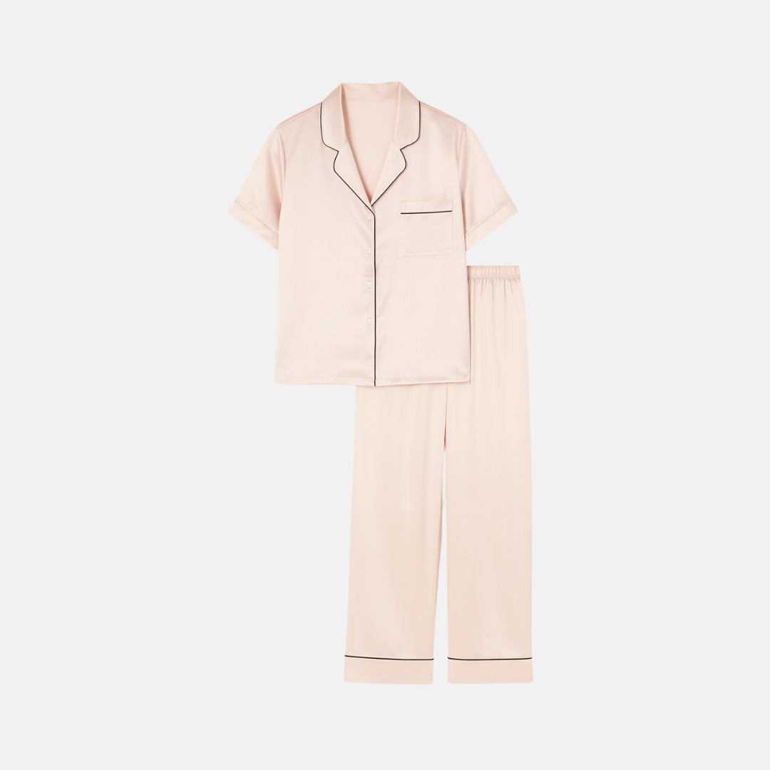 100% Mulberry Silk Pajama Set – Short Sleeve Button Top & Long Pants
