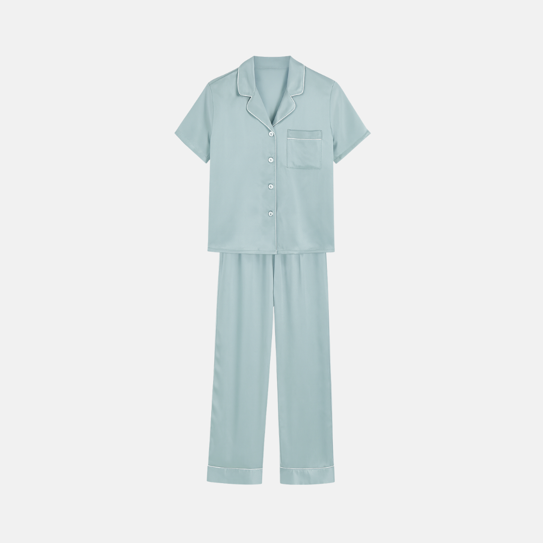 100% Mulberry Silk Pajama Set – Short Sleeve Button Top & Long Pants