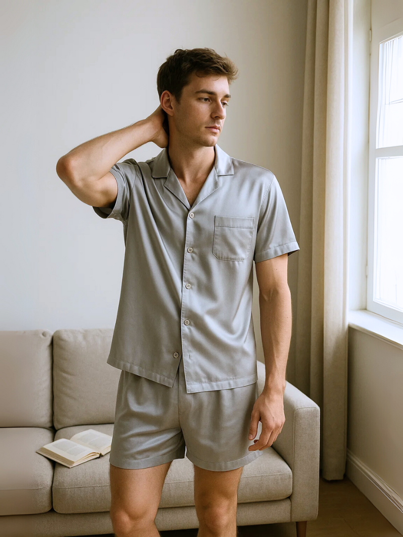 Breathable Men’s Silk-Like Pajama Set – Short Sleeve Button-Up Shirt & Shorts | Summer Sleepwear & Comfortable Loungewear with Pockets