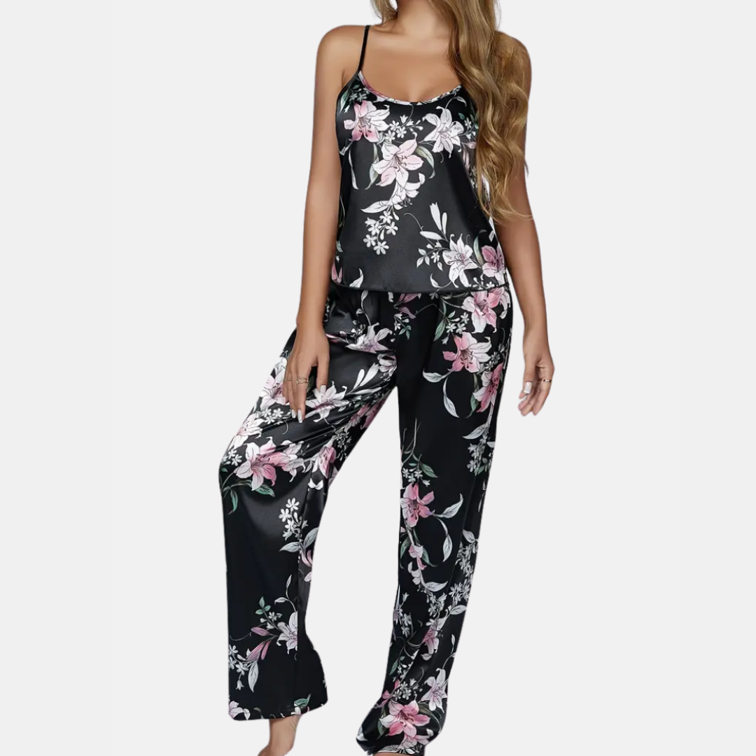 Women's Solid Silk Pajama Set – Crew Neck Camisole Top and Elastic Waist Pants for Everyday Comfort