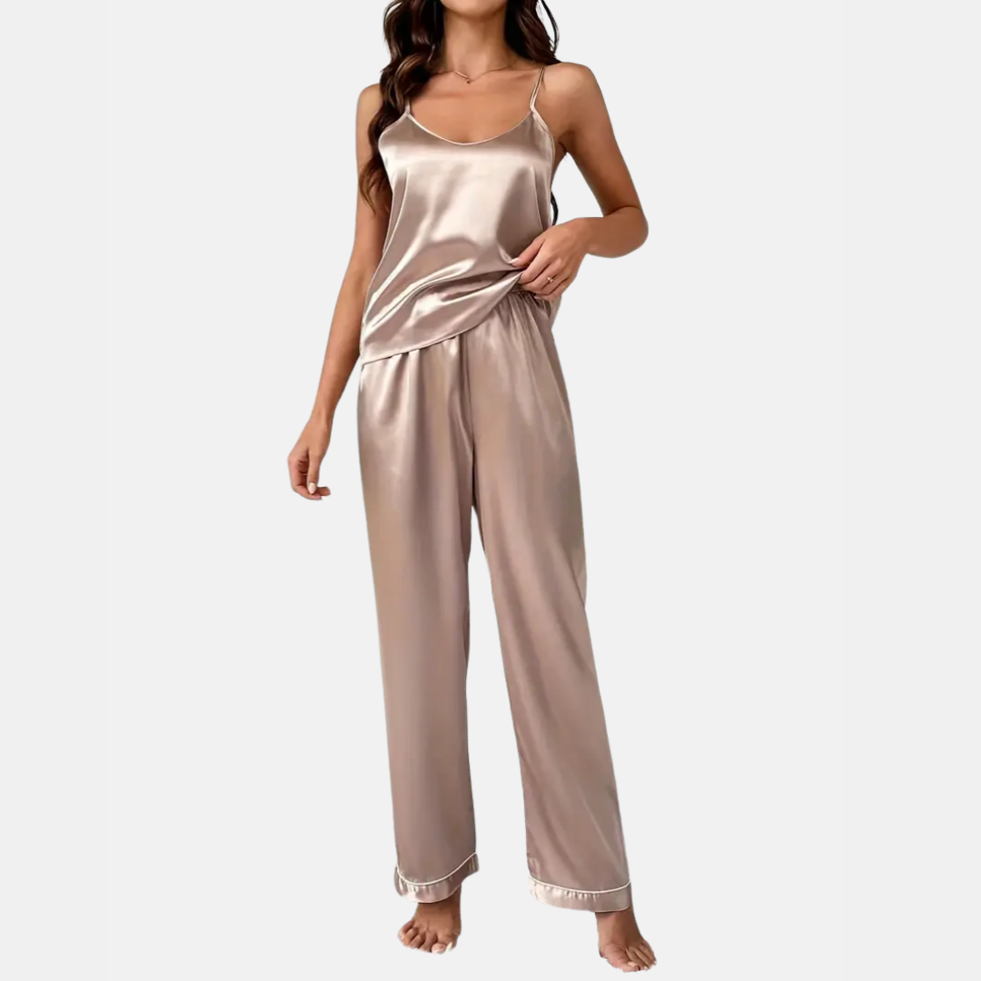 Luxury Women's Silk Pajama Set – V-Neck Cami Top and Long Pants for Sleep & Lounge