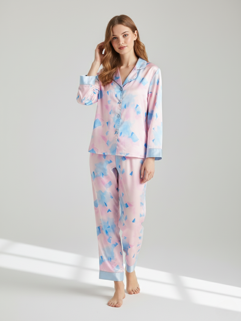 Luxury 100% Mulberry Silk Pajama Set for Women – Watercolor Print, Long Sleeve & Pants