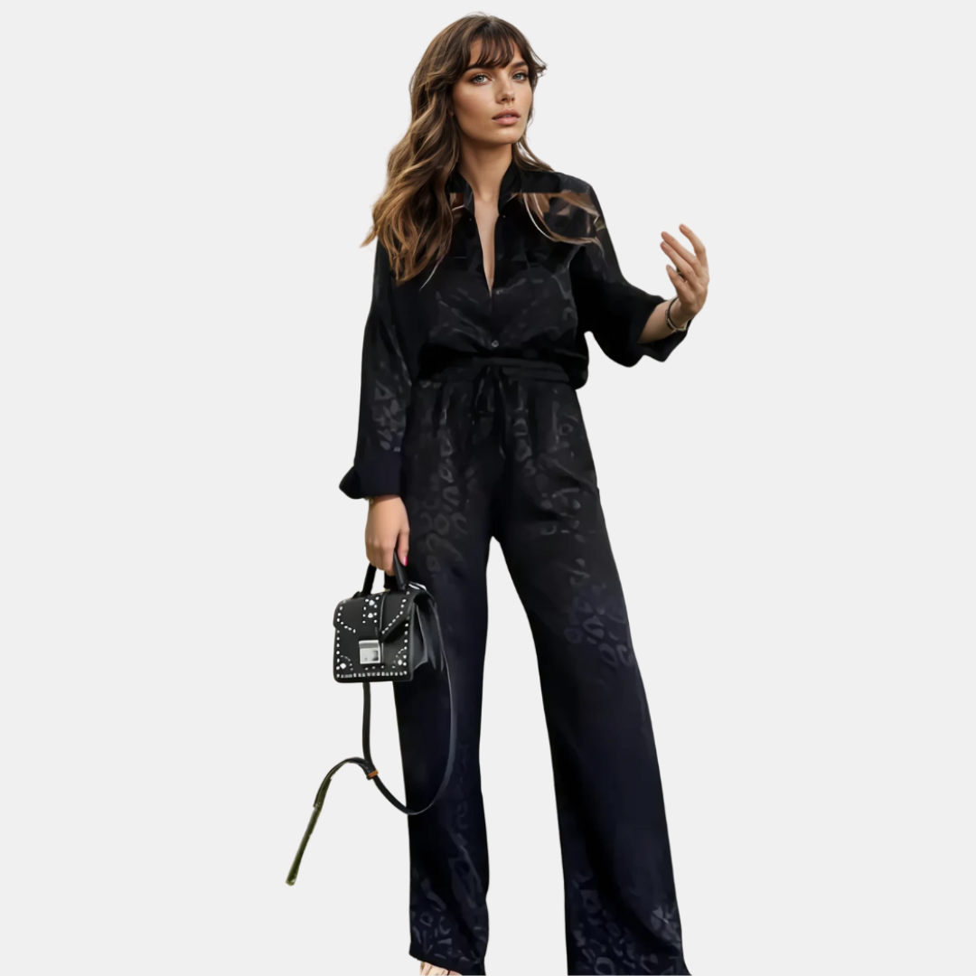 Women's Elegant Two-Piece Pajama Set - Silk Wide Leg Pants & Casual Shirt