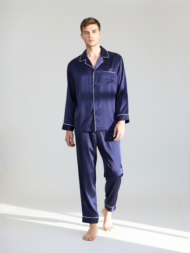 Men’s 100% Mulberry Silk 16 Momme satin crepe Pajama Set Long Sleeve Shirt & Trousers
