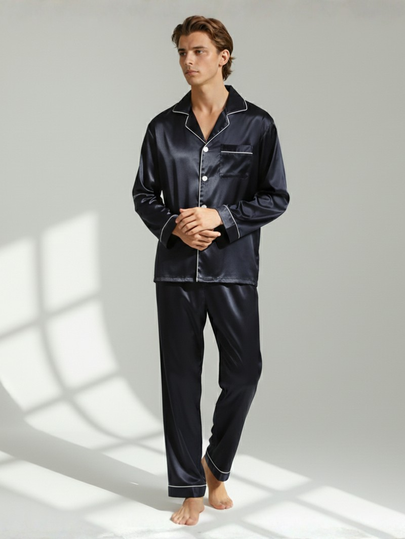 Men's Ice Silk Pajamas – Long Sleeve Pants Set for Spring and Autumn, Casual Summer Silk Suit