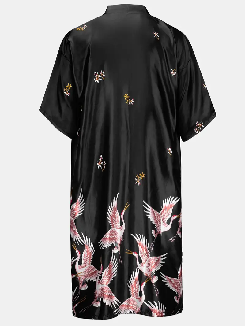 Loose Long Shirt with Crane Print – Comfortable Tie-Back Homewear with Pocket for Spring and Summer
