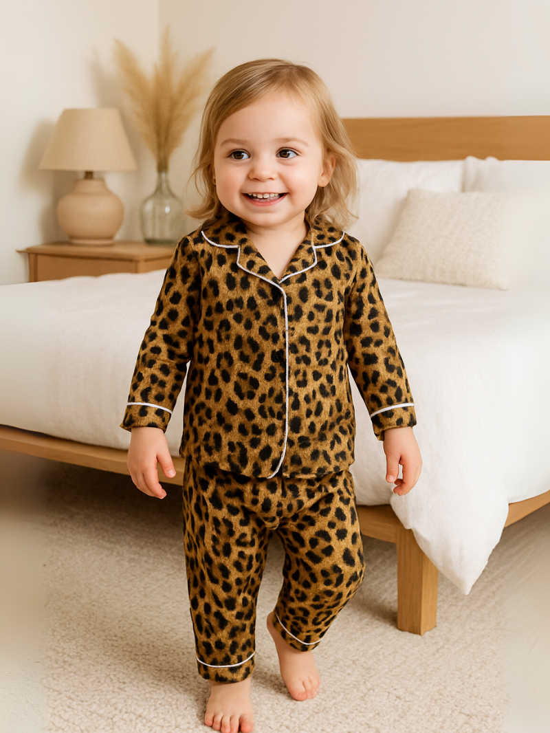 Kids Leopard Print Pajama Set – Girls Long Sleeve Sleepwear, Flame Resistant Nightwear