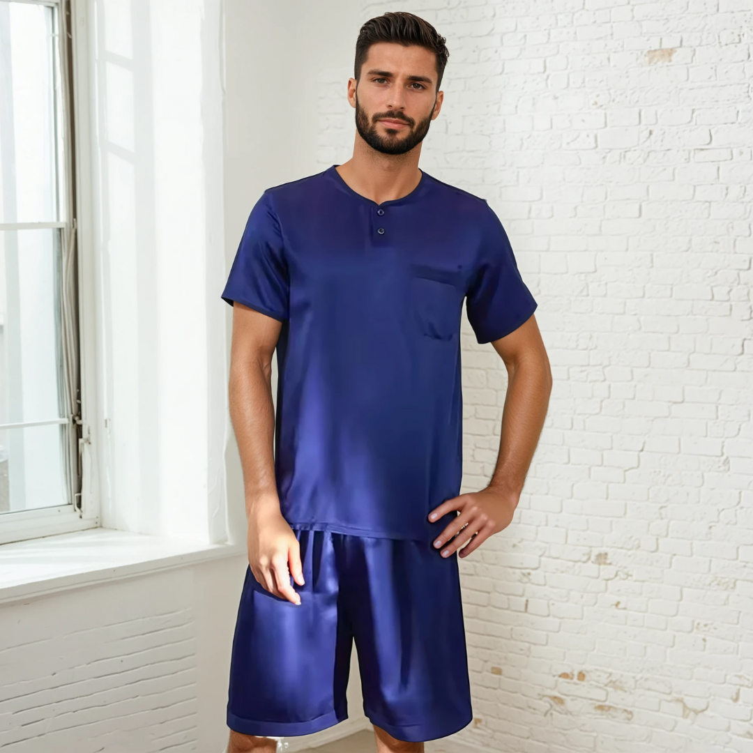 Men’s 100% Mulberry Silk Short Suit – Round Neck, Short-Sleeved Loungewear Set