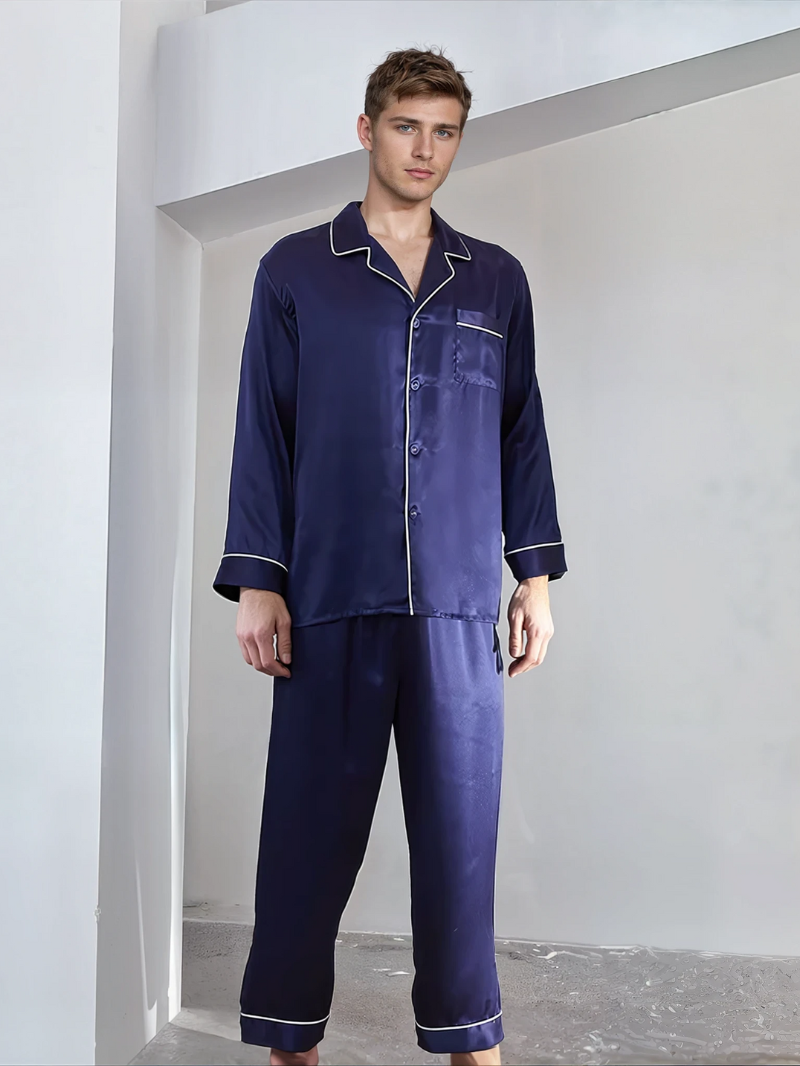 Men’s 100% Mulberry Silk 16 Momme satin crepe Pajama Set Long Sleeve Shirt & Trousers