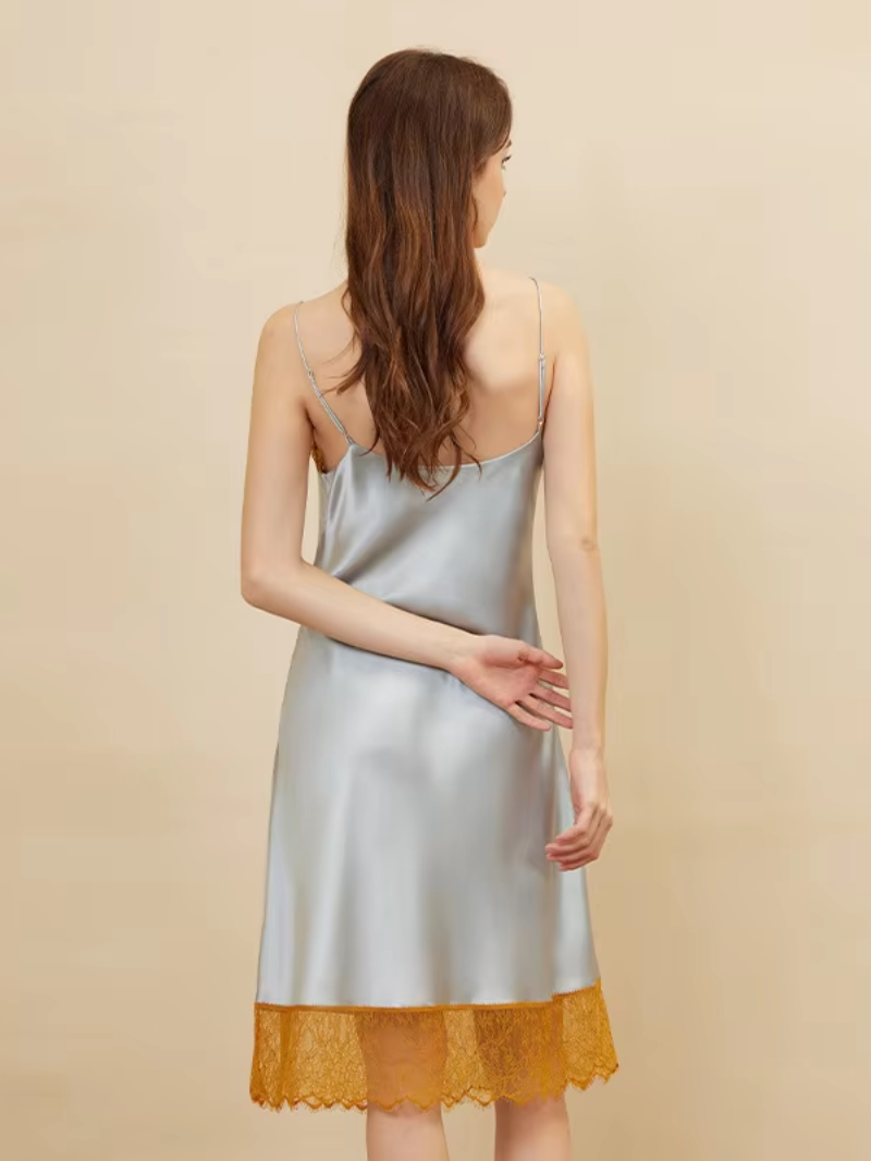 100% Mulberry Silk Nightgown – Elegant Lace Trim & Spaghetti Straps for Luxurious Sleep