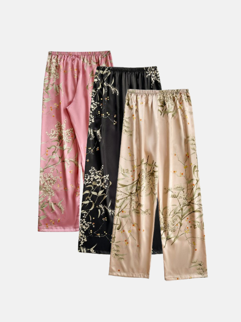 3pcs Elegant Floral Print Silk Pajama Pants Set