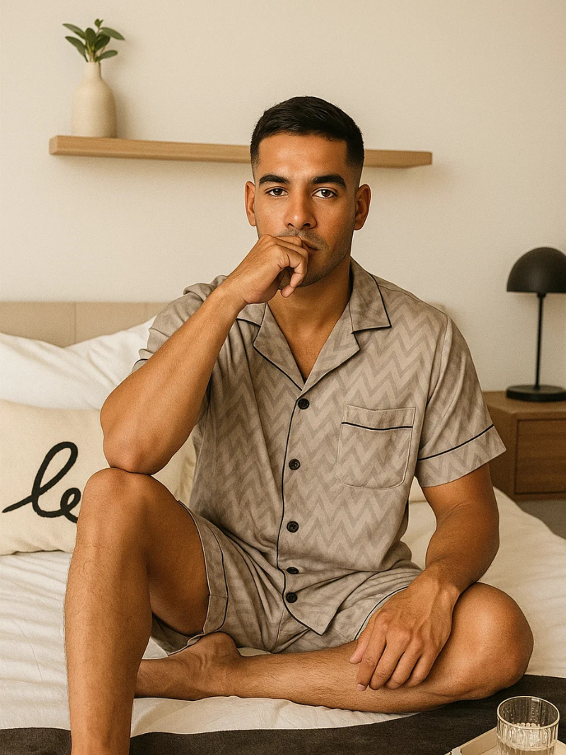 Men’s Ice Silk Pajama Set – Short Sleeve Loose Fit Sleepwear & Homewear Suit